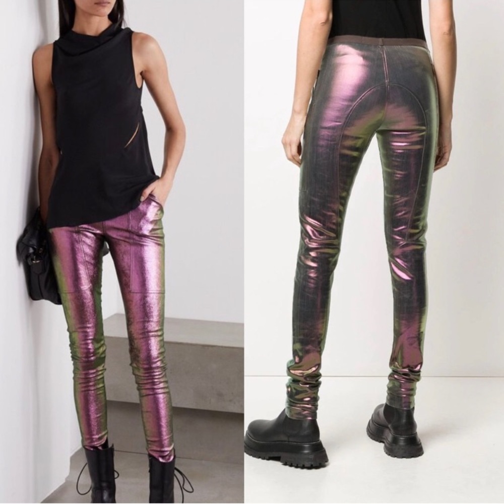 NWT RICK OWENS Irise Iridescent Stretch Leather and Cotton-Blend Leggings